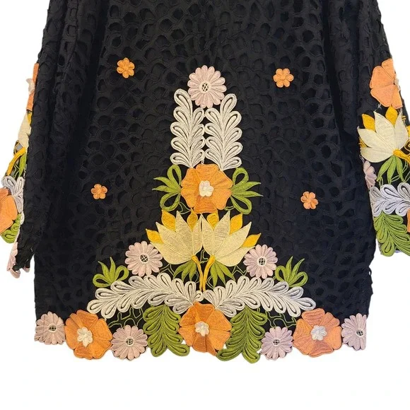 Vtg Queen Caro Of Honolulu Black Jacket Floral Embroidered Eyelet‎ Large Artsy - Picture 6 of 10